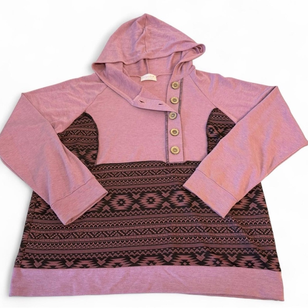 Sugarfox Aztec Print Lightweight Hoodie Sweatshirt Women’s 2X Boho Spring Pink